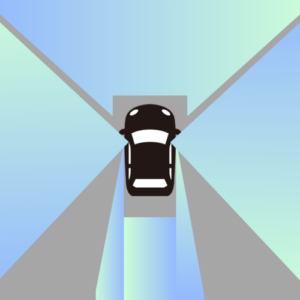運転席から見た車の死角。車の周囲の灰色部分がミラーでも見えない範囲を表した図