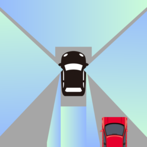 運転席からの死角の中に、斜め後方を走る赤い車がすっぽりと隠れて見えなくなっている図