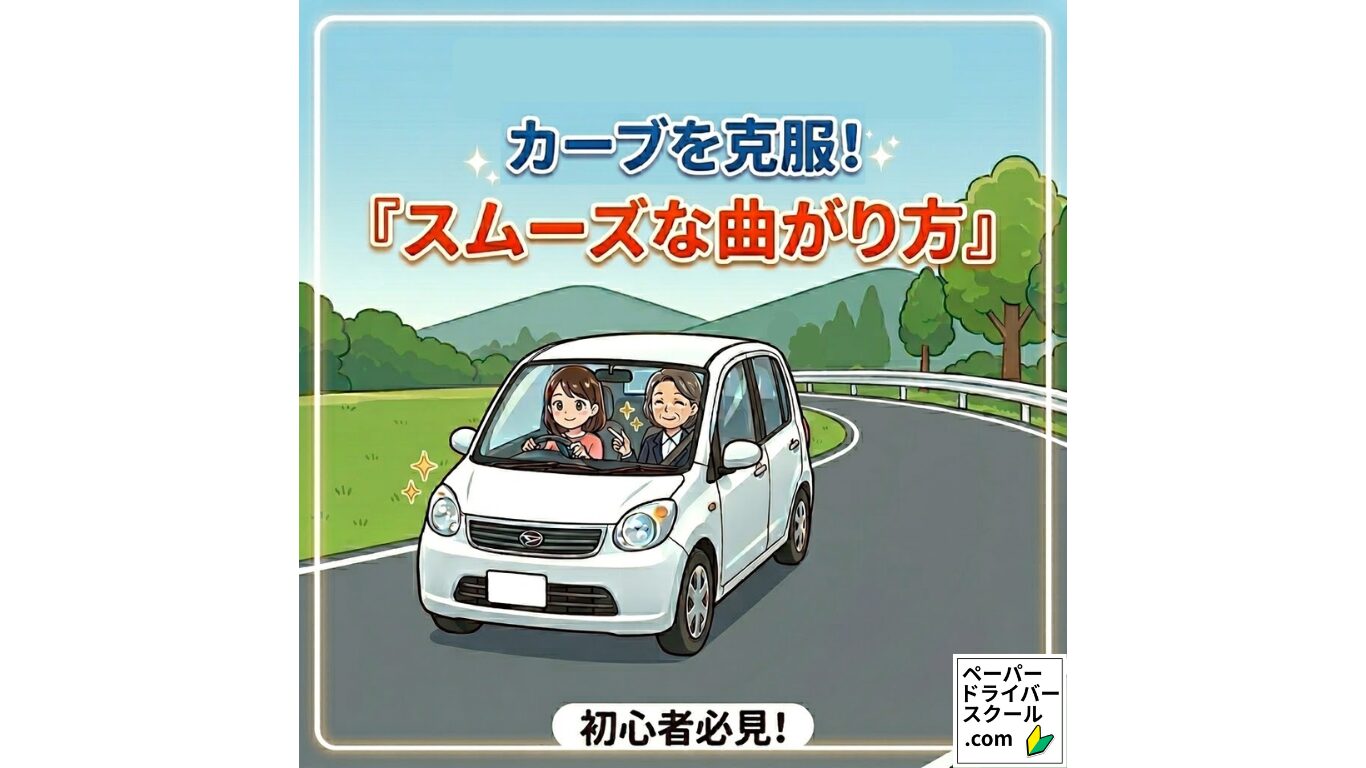 カーブや曲がり角の運転方法を学ぶ：女性指導員からスムーズに曲がるコツを教わるドライバーのイラスト