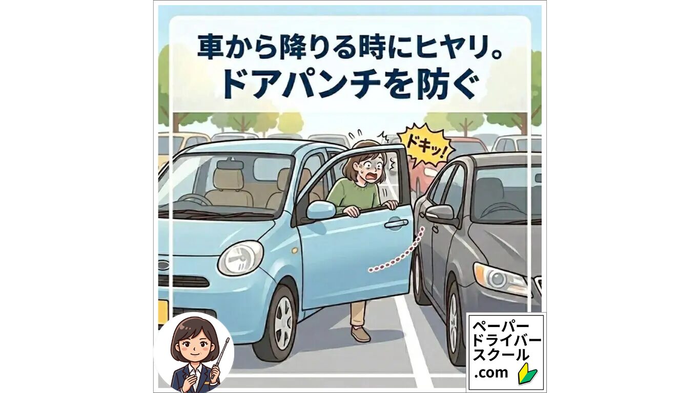 駐車場で車から降りる際、隣の車にドアをぶつけそうになって（ドアパンチ）驚く女性のイラスト。画像内に「車から降りる時にヒヤリ。ドアパンチを防ぐ」のテキスト。