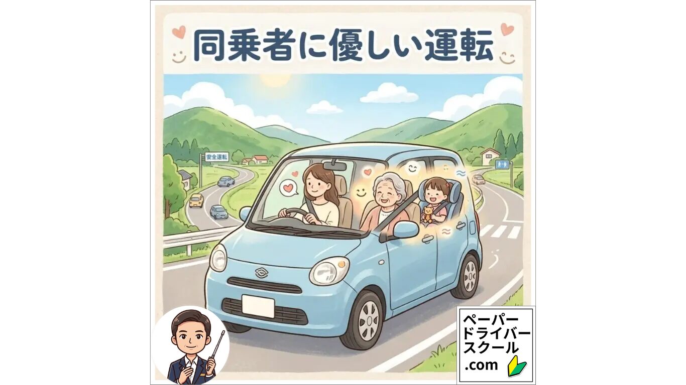 穏やかな風景の中、女性が運転する青い車に高齢の女性と子供が笑顔で同乗しているイラスト。画像上部に「同乗者に優しい運転」のテキスト。