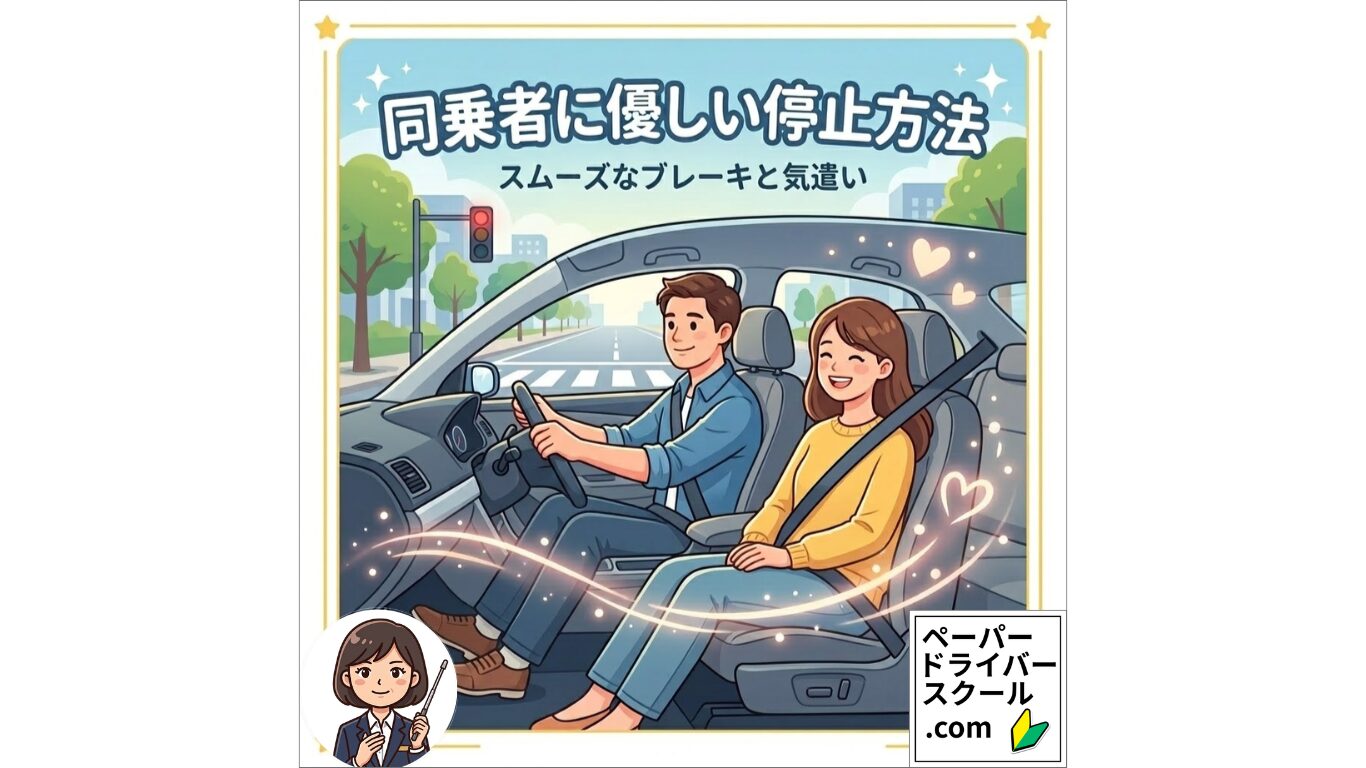 同乗者に優しい停止方法：エンジンブレーキを活用してスムーズに減速し、揺れなく停車するイメージイラスト