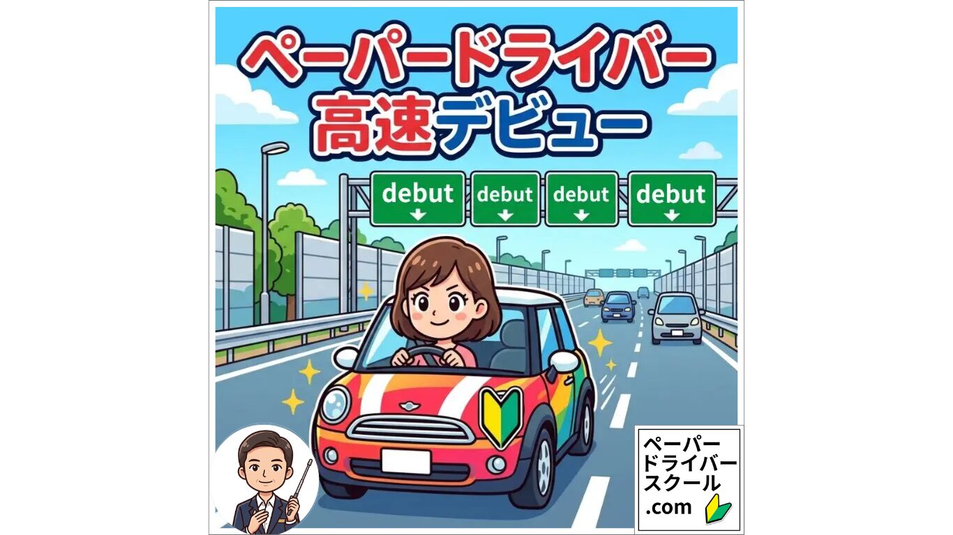 高速道路デビュー：初心者マークを貼ったカラフルな車を運転する笑顔の女性と、高速道路の案内標識を描いたイラスト