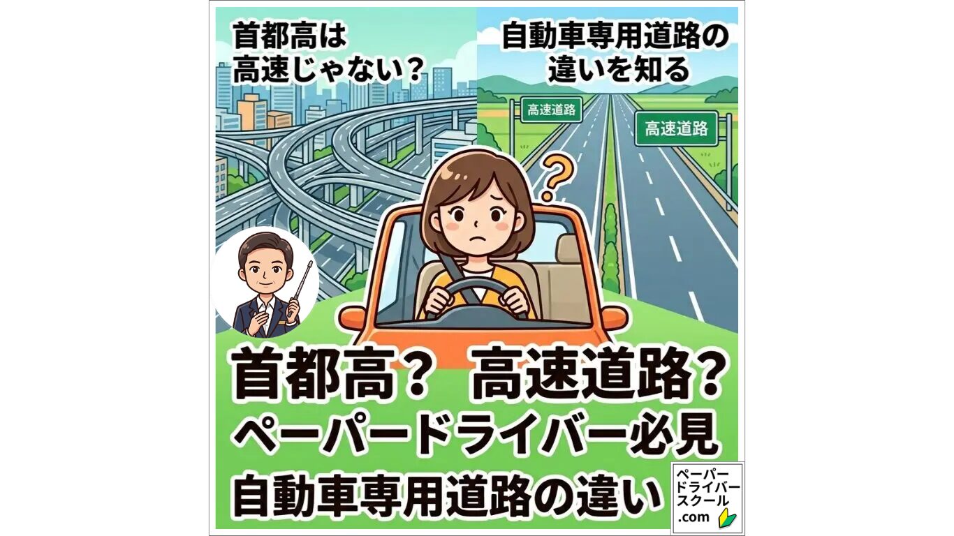 自動車専用道路と高速道路の違い:首都高などの都市高速と一般的な高速道路(高速自動車国道)の構造的な比較と、困惑する女性ドライバーのイラスト