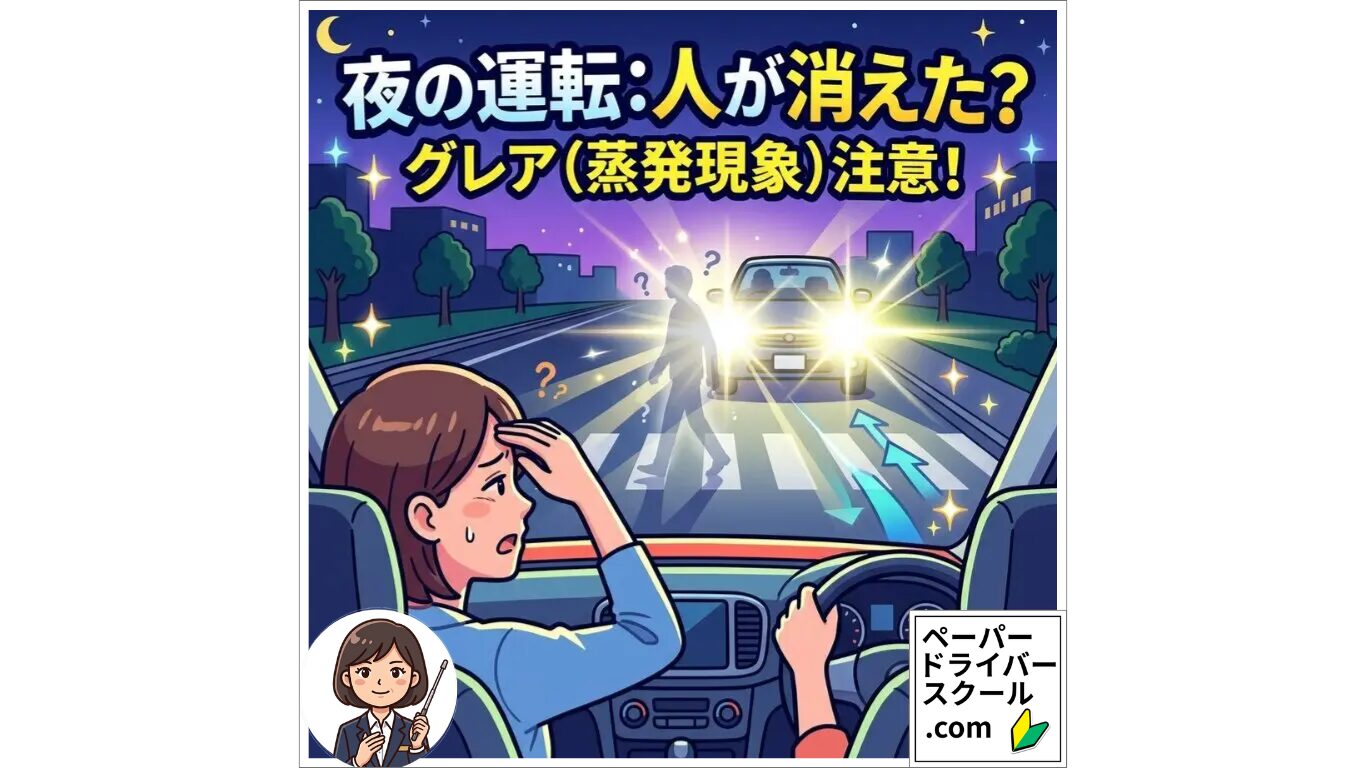 夜の運転における蒸発現象（グレア）：対向車の眩しいヘッドライトにより、横断歩道の歩行者が消えて見える様子と、視界の悪さに驚くドライバーを描いたイラスト。