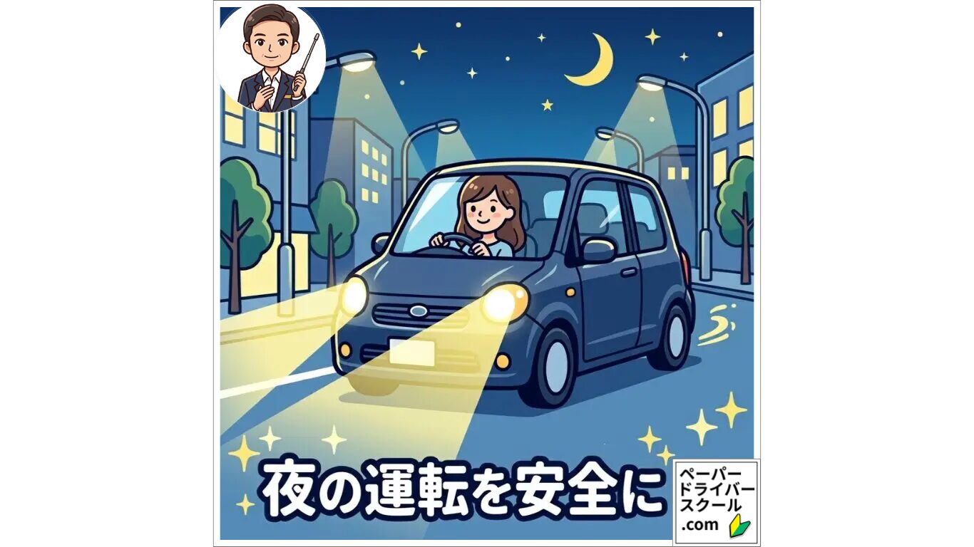 夜の運転を安全に：ヘッドライトを明るく点灯し、街灯のある夜道を落ち着いて走行する女性ドライバーのイラスト。夜間の視認性向上と安全運転のコツを解説。