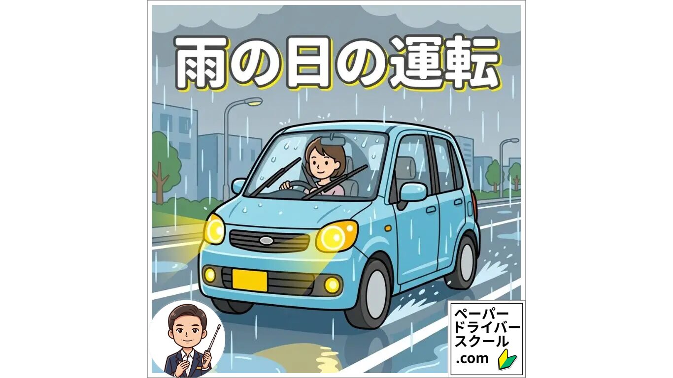 雨や霧の中を安全に走行する車：ワイパーとヘッドライトを適切に使用し、悪天候でも落ち着いて運転する女性ドライバーを描いたイラスト。視認性確保と安全運転のルールを解説。