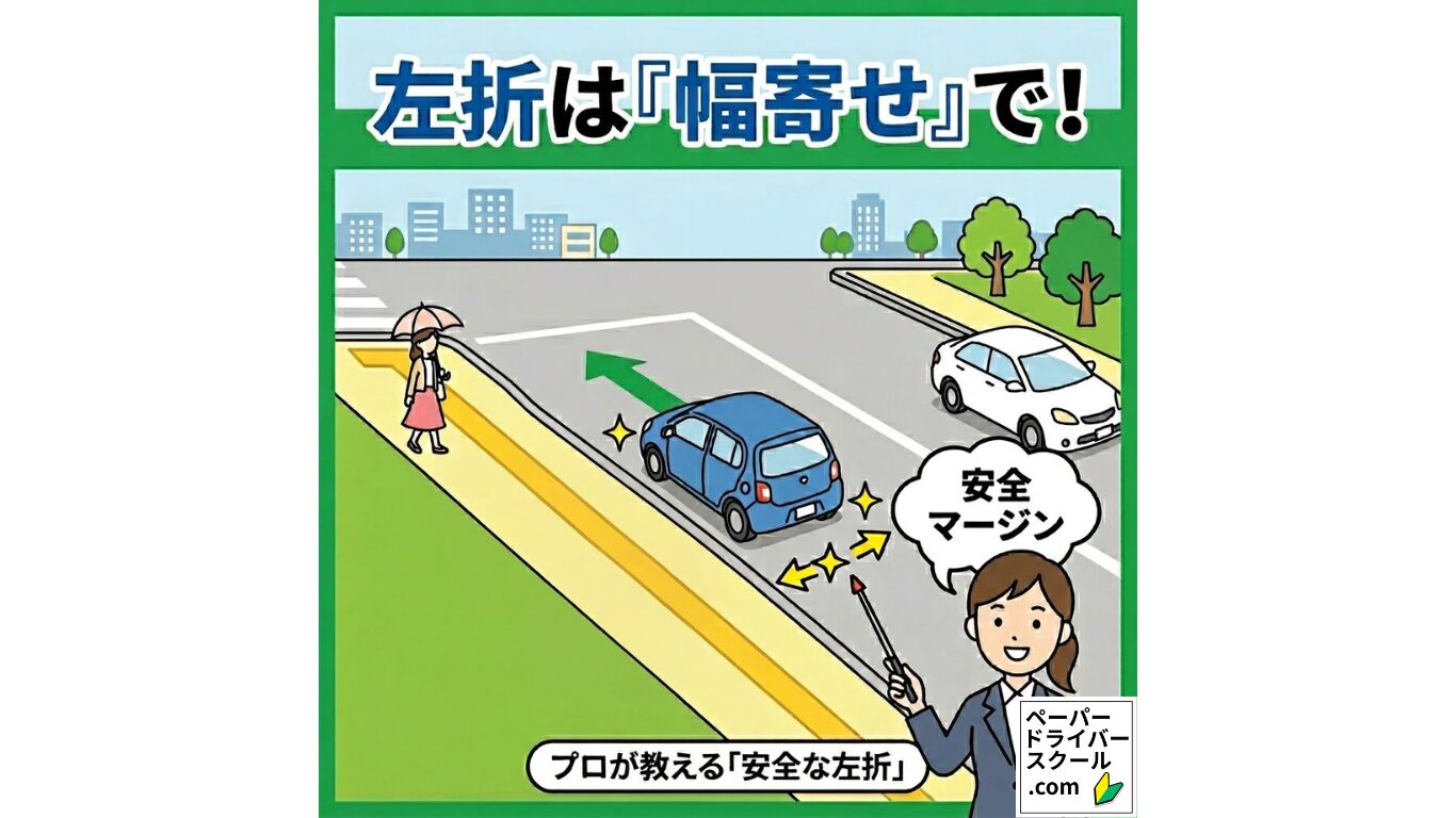 安全な左折の方法：交差点で左側に幅寄せをする青い車と、安全マージンについて解説する女性指導員のイラスト