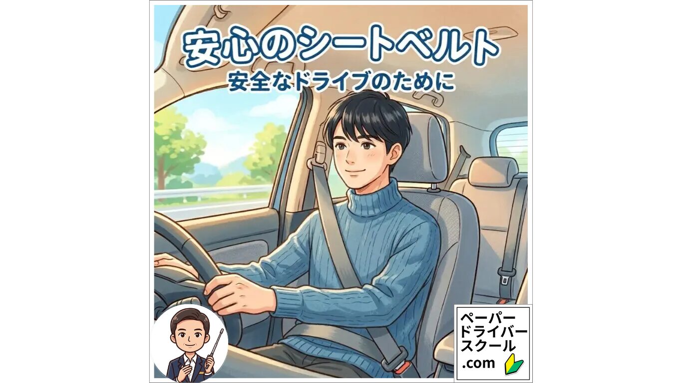 シートベルトを正しく装着してハンドルを握る男性のイラスト。「安心のシートベルト 安全なドライブのために」のテキスト。