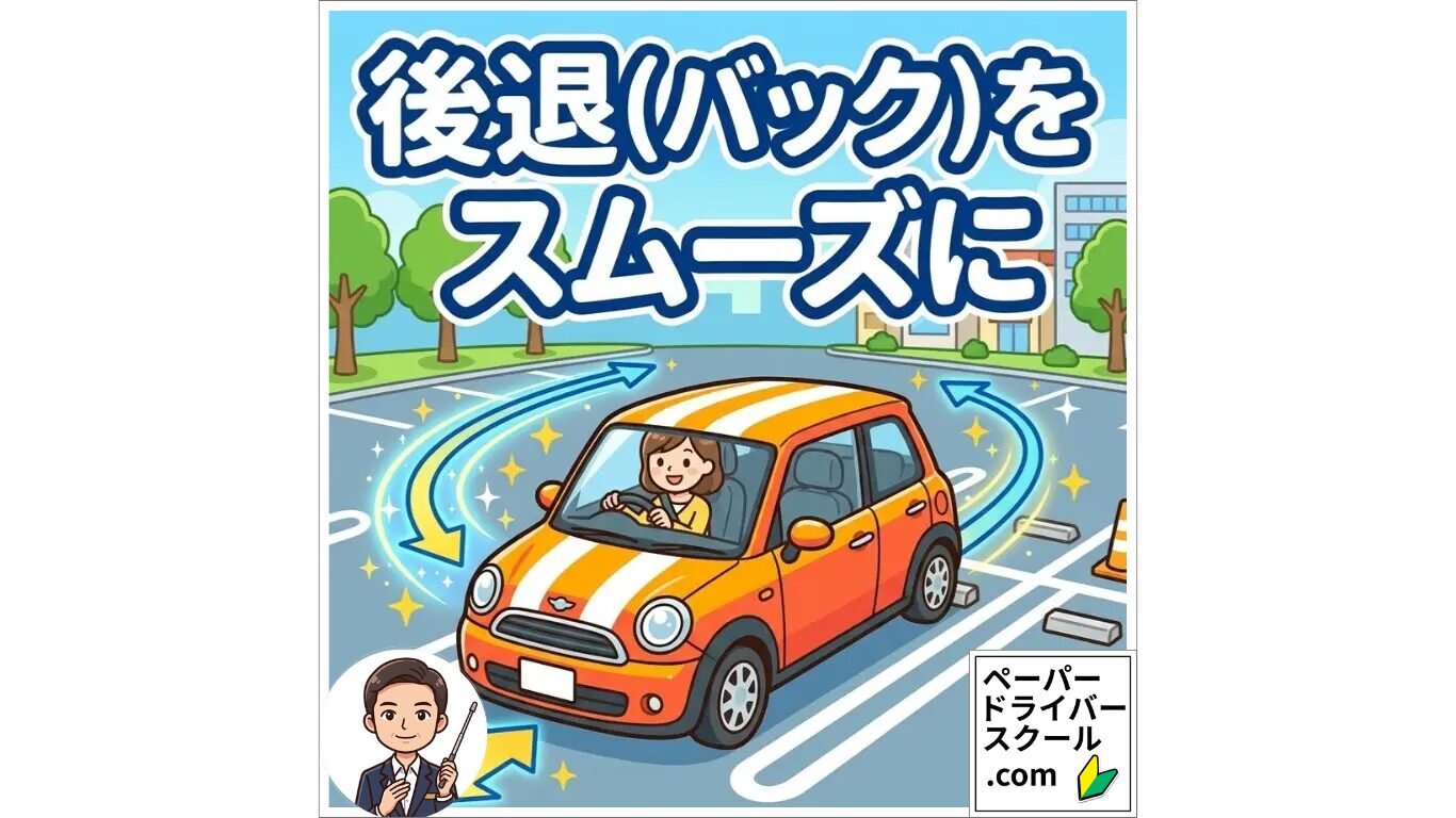 後退（バック）をスムーズに：駐車場でガイドの矢印に沿って、笑顔でバック駐車の練習をする女性とオレンジ色の車のイラスト