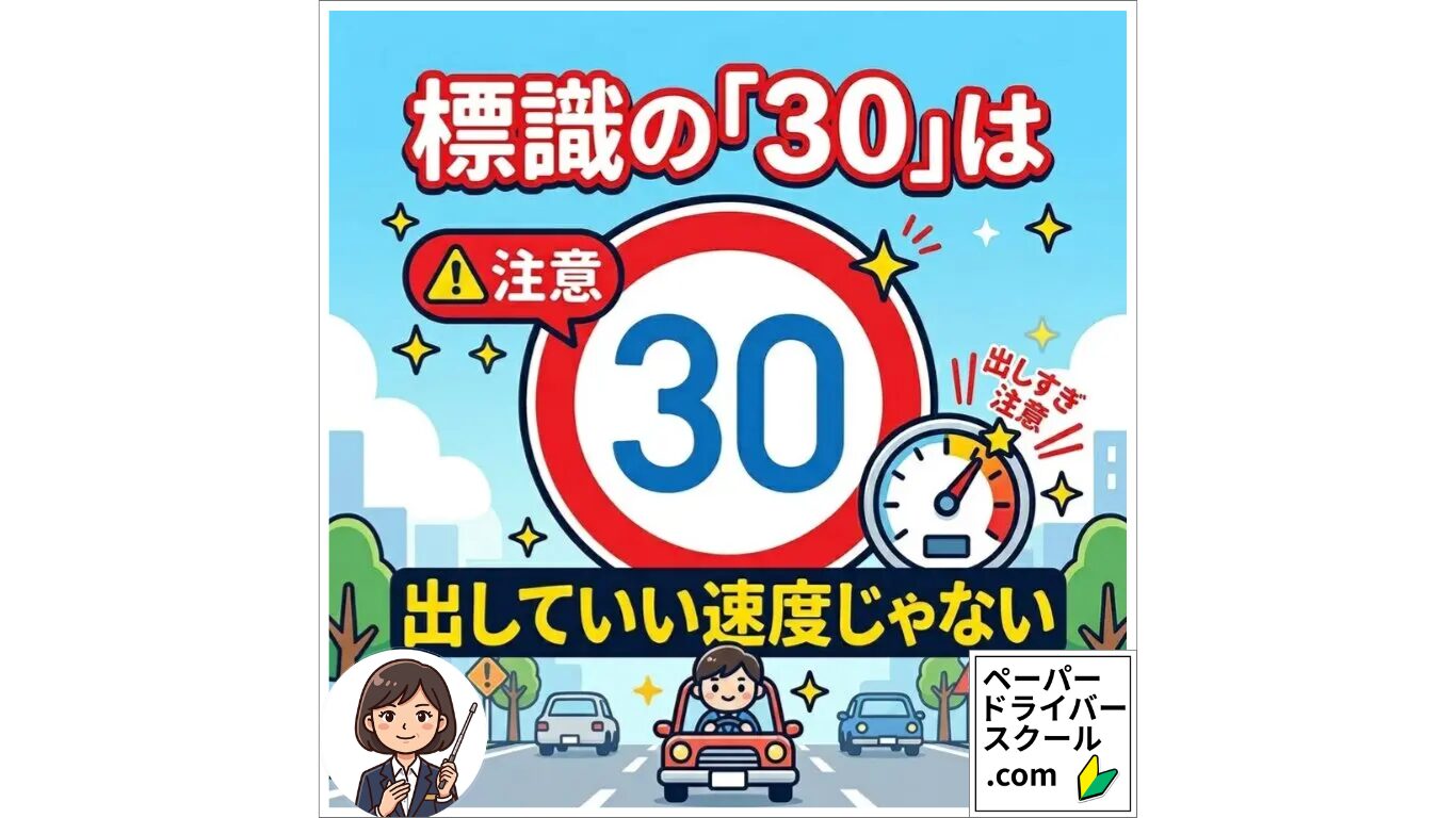 標識の30キロは出していい速度じゃない：30キロ制限の道路標識とスピードメーターを背景に、安全な速度での走行を促す注意喚起のイラスト