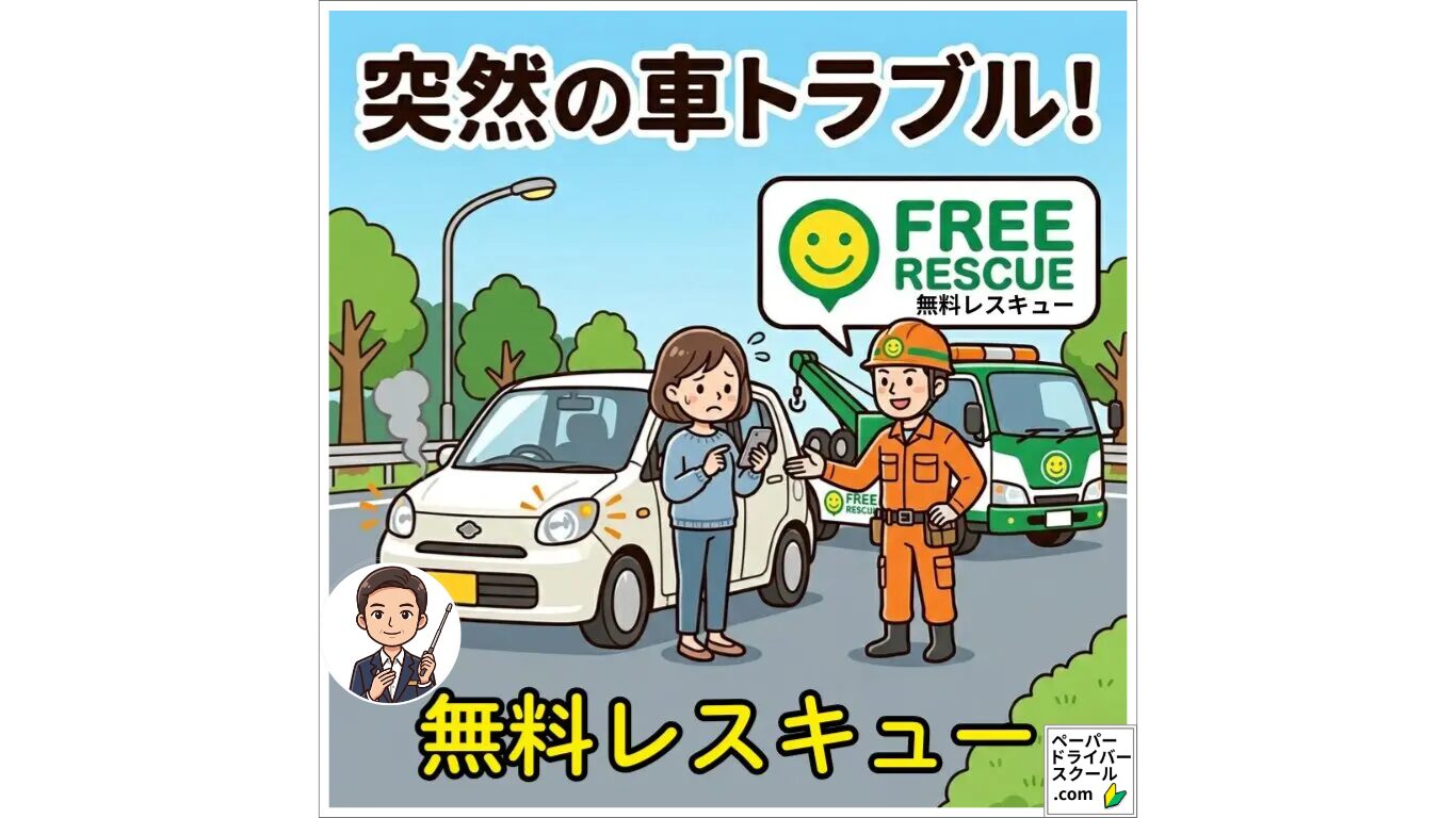 突然の車トラブルで困っている女性ドライバーと、笑顔でサポートに駆けつけた無料レスキュー隊のイラスト