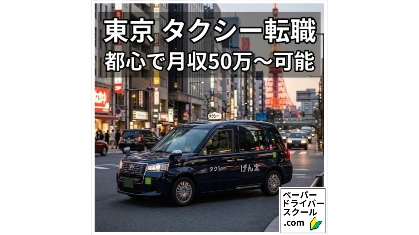 画像テキスト「東京 タクシー転職 都心で月収50万〜可能」:東京タワーと都心の街並みを走るタクシーのイメージ