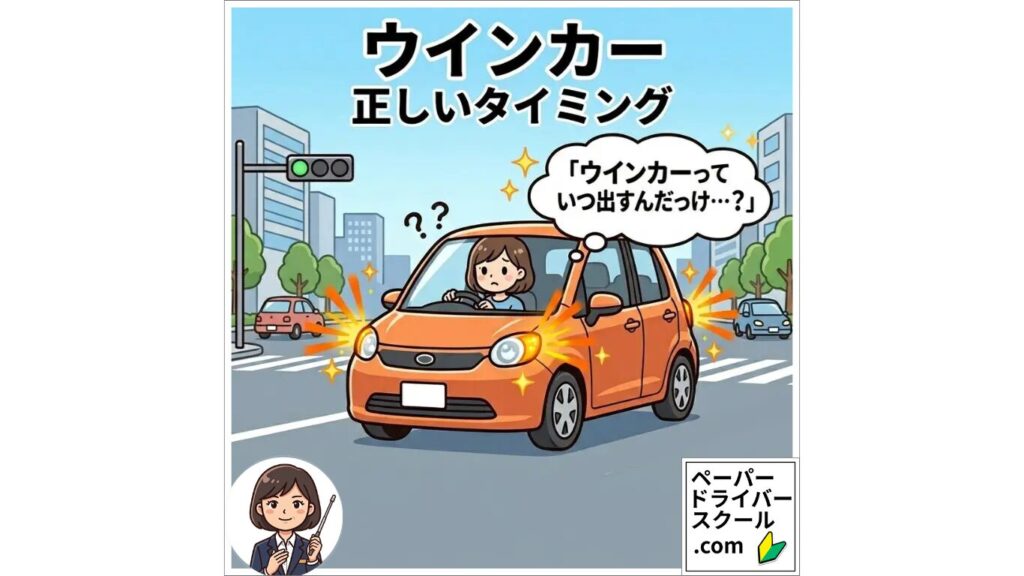 ウインカーを出すタイミングに悩むドライバー：交差点で「いつ出すんだっけ？」と迷う様子を描いた、初心者向けの正しい合図の出し方解説用イラスト
