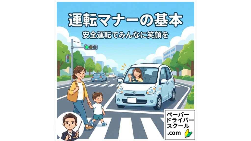 横断歩道を渡る親子に笑顔で道を譲る車のイラスト。「運転マナーの基本」ペーパードライバー向けの安全運転ガイド
