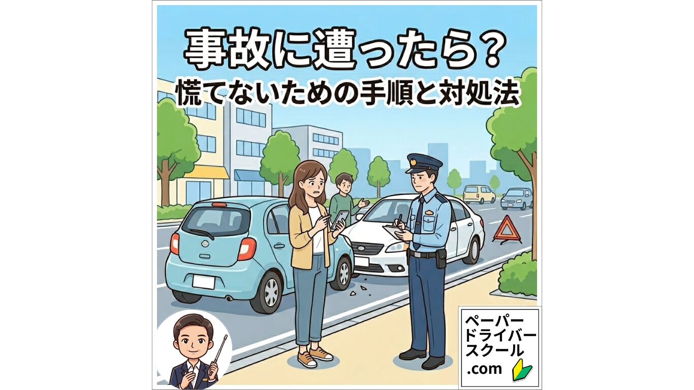交通事故現場で困惑した表情で警察官に対応する女性ドライバーのイラスト。「事故に遭ったら？慌てないための手順と対処法」解説ガイド