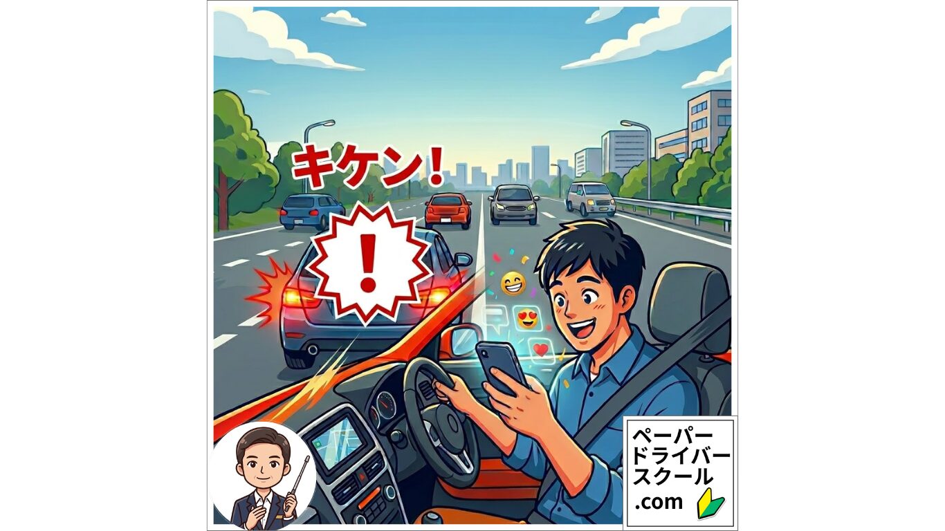 運転中にウキウキした表情でスマホを操作し、前方の車に追突しそうになっている男性のイラスト