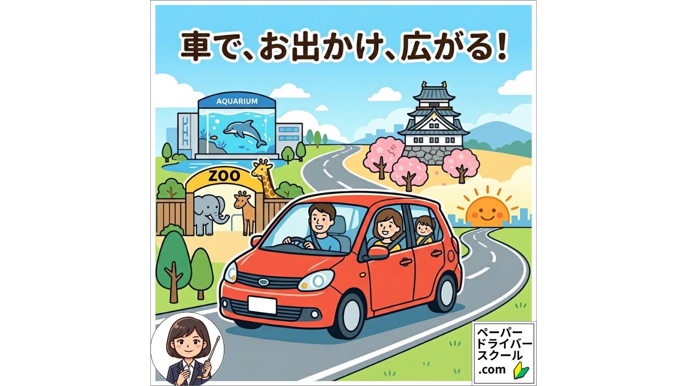 車でドライブに出かける家族と、背景に描かれた水族館、動物園、お城のイラスト（車でお出かけ、広がる！の文字入り）