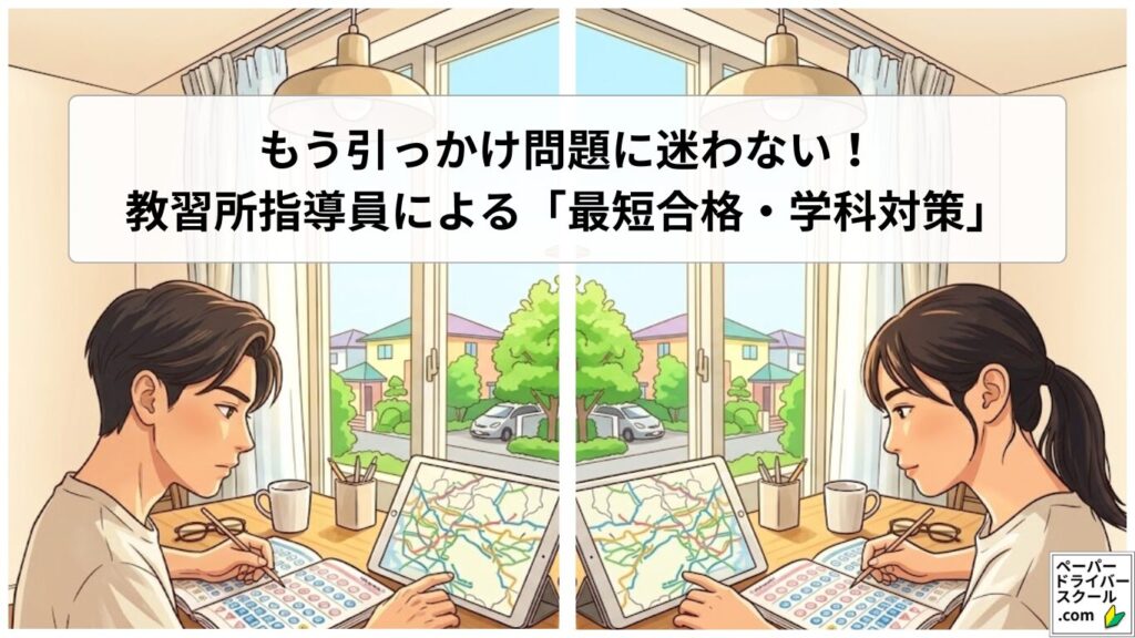 もう引っかけ問題に迷わない！教習所指導員による「最短合格・学科対策」（明るい窓辺でタブレットやテキストを使って真剣に自動車免許の学科試験の勉強に取り組む男女のイラスト）