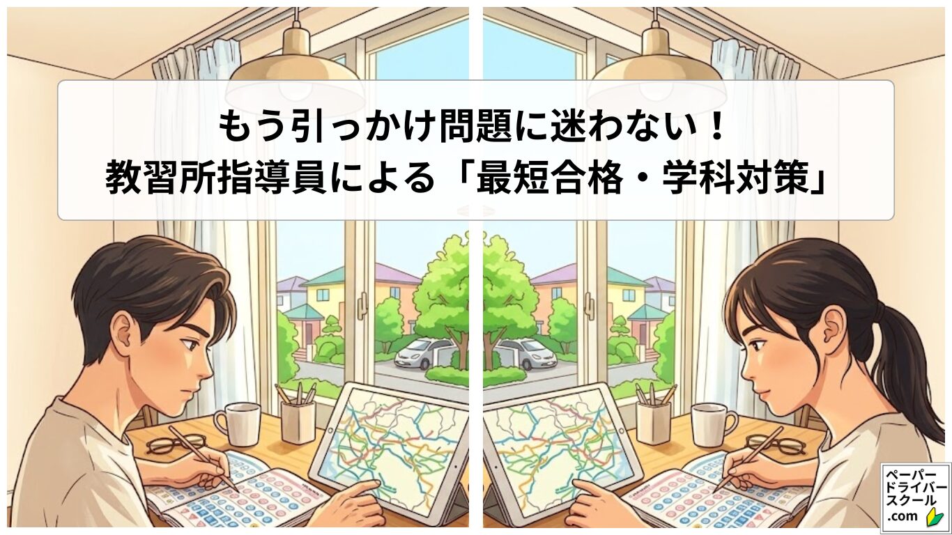 もう引っかけ問題に迷わない!現役教習所指導員による「最短合格・学科対策」(明るい窓辺でタブレットやテキストを使って真剣に自動車免許の学科試験の勉強に取り組む男女のイラスト)