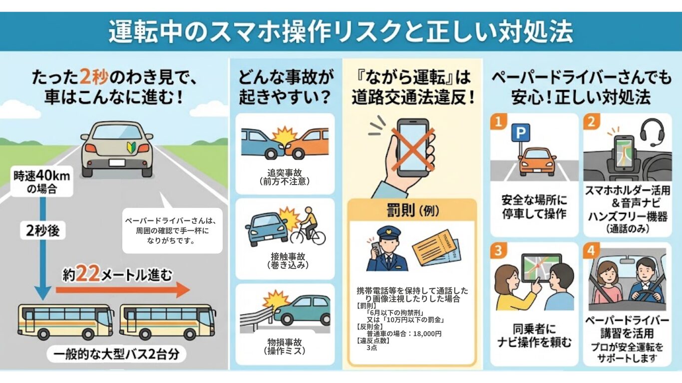 運転中のスマホ操作（ながら運転）のリスクと正しい対処法をまとめた図解。時速40kmで2秒間わき見をした際に進む距離（約22m、大型バス2台分）や、起きやすい事故の種類、道路交通法の罰則にくわえ、ペーパードライバー向けの安全な4つの対処法（安全な場所への停車、スマホホルダーの活用、同乗者への依頼、ペーパードライバー講習の活用）を解説しています。