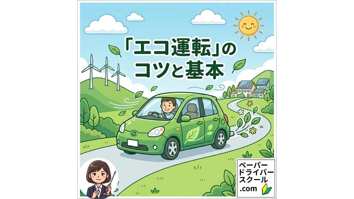 ブログ記事「『エコ運転』のコツと基本」のアイキャッチ画像。風力発電や太陽光発電のある自然豊かな風景を背景に、緑色のエコカーを運転するドライバーのイラストとタイトル文字が描かれています。