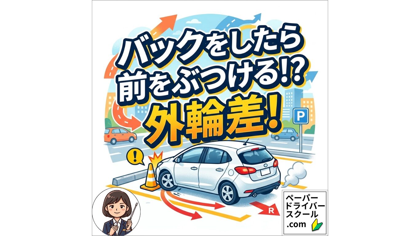 ペーパードライバーが注意すべき外輪差。バック駐車時に乗用車の前方をぶつける接触事故を描いたイラスト