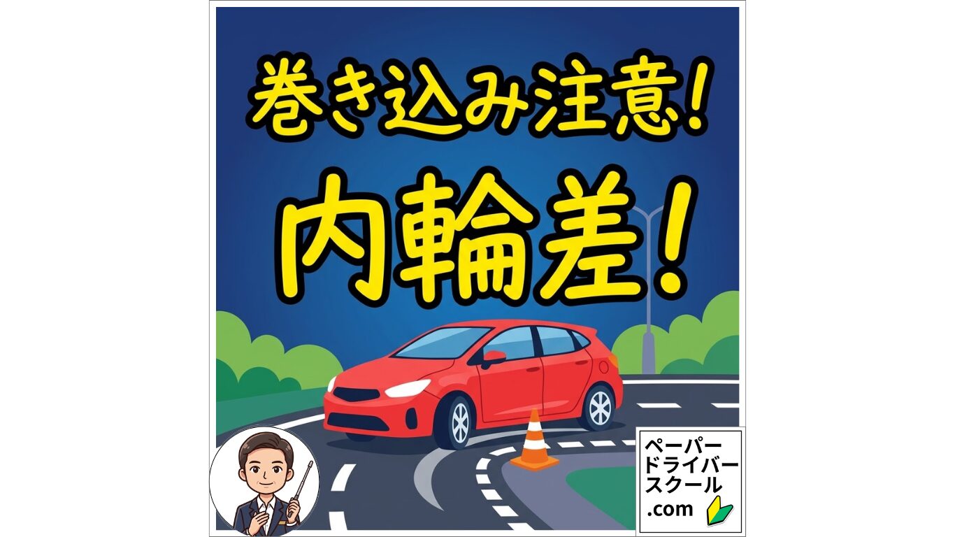「巻き込み注意！内輪差！」という見出しと、交差点を左折する赤い乗用車のイラスト。