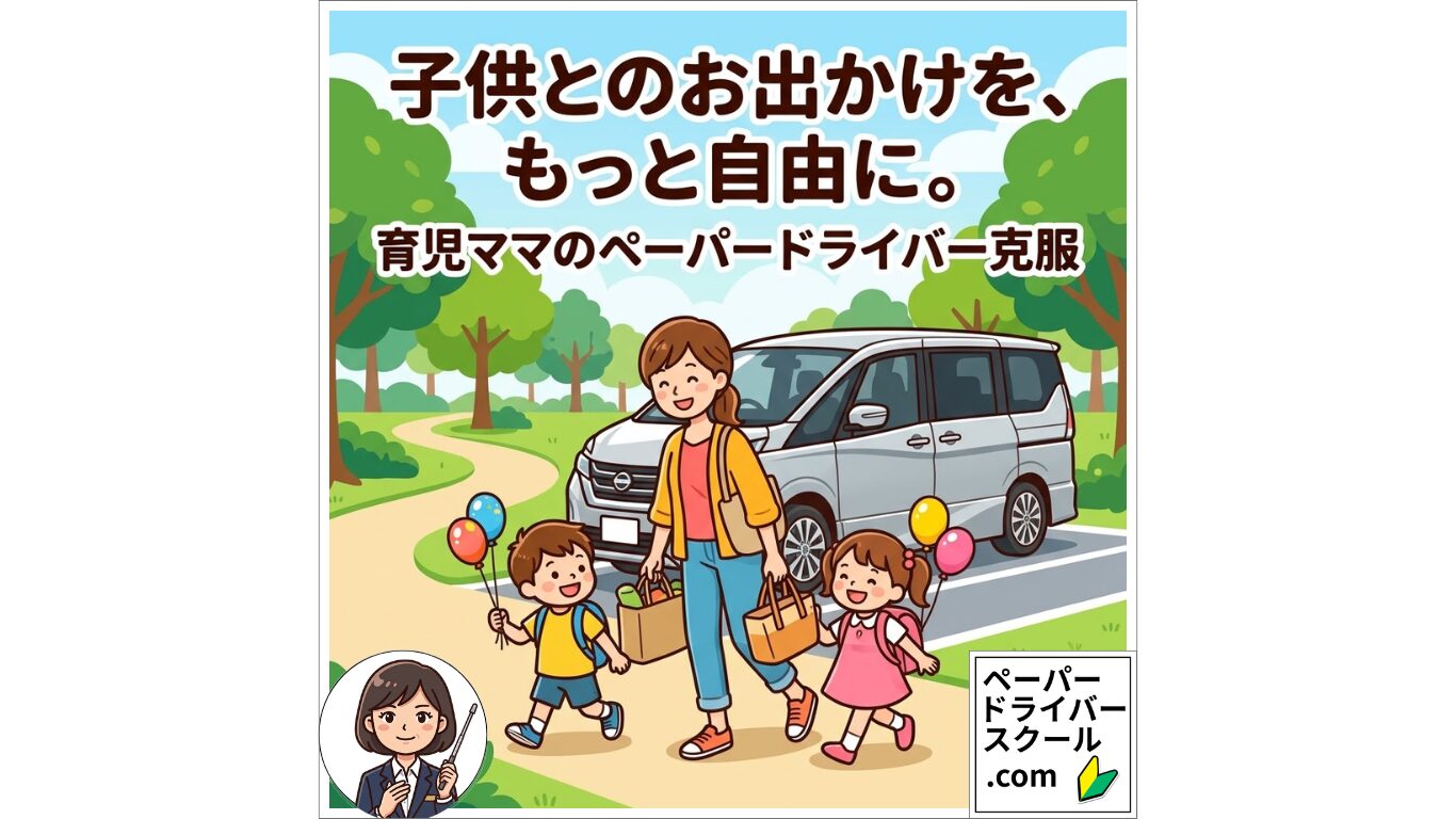 マイカーで公園へお出かけを楽しむ母親と子供たちのイラスト。ペーパードライバー克服後の自由な生活を表現したアイキャッチ画像。