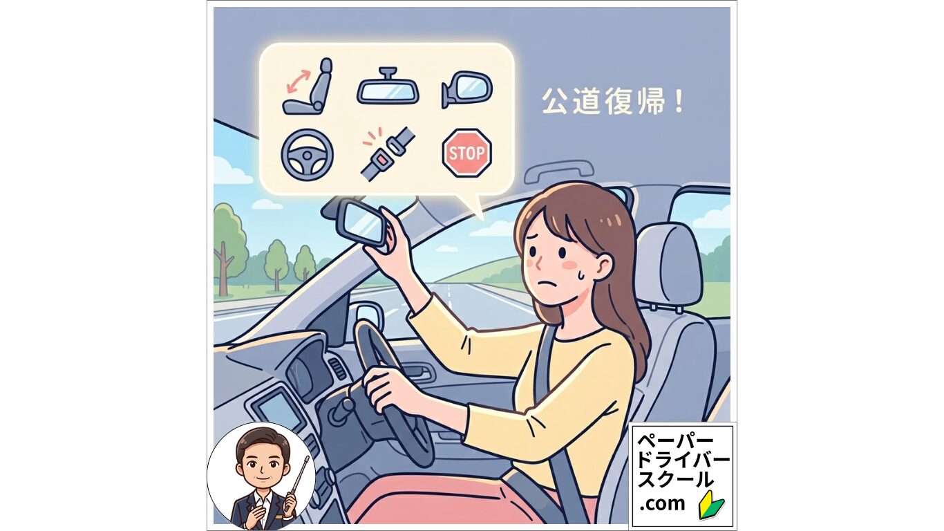 公道復帰に向けて、運転席でミラーやシート調整などの出発前準備を確認しているペーパードライバーの女性のイラスト