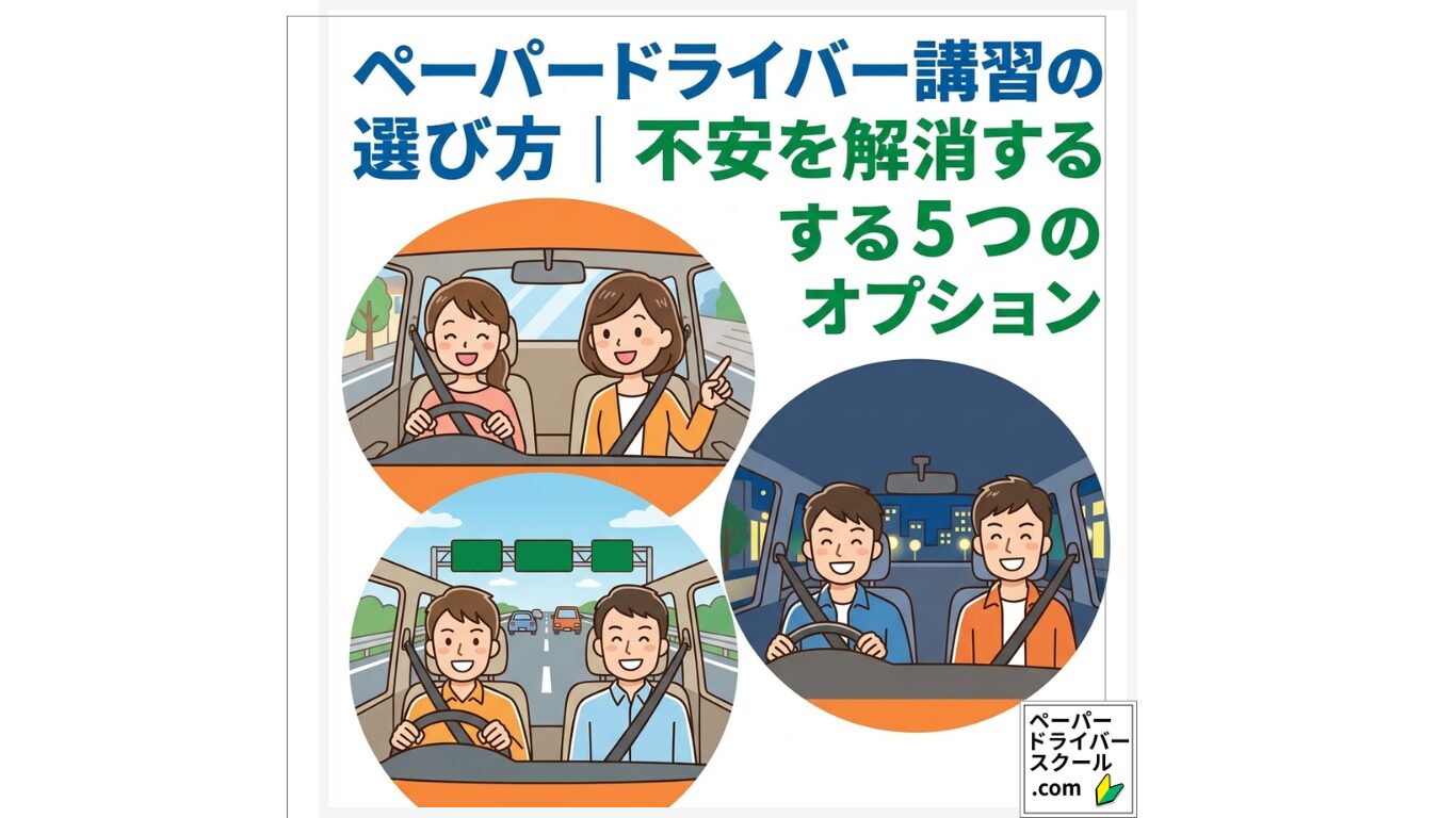 ペーパードライバー講習の選び方:女性インストラクター、高速道路、夜間の教習で笑顔で練習する様子