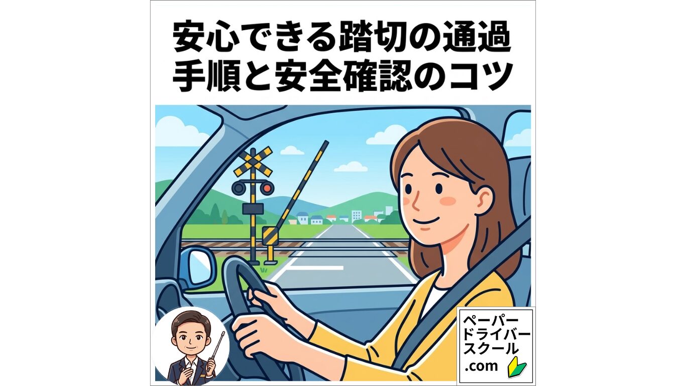 「安心できる踏切の通過手順と安全確認のコツ」のアイキャッチ画像。踏切の手前で落ち着いて運転している女性ドライバーのイラスト。