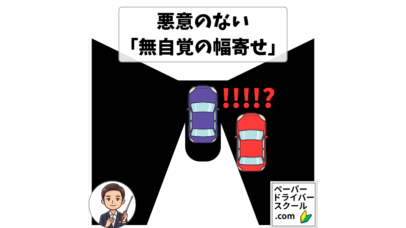 無自覚の幅寄せの図解。自車(青)の右斜め後ろの死角に、別の車(赤)が存在している状況