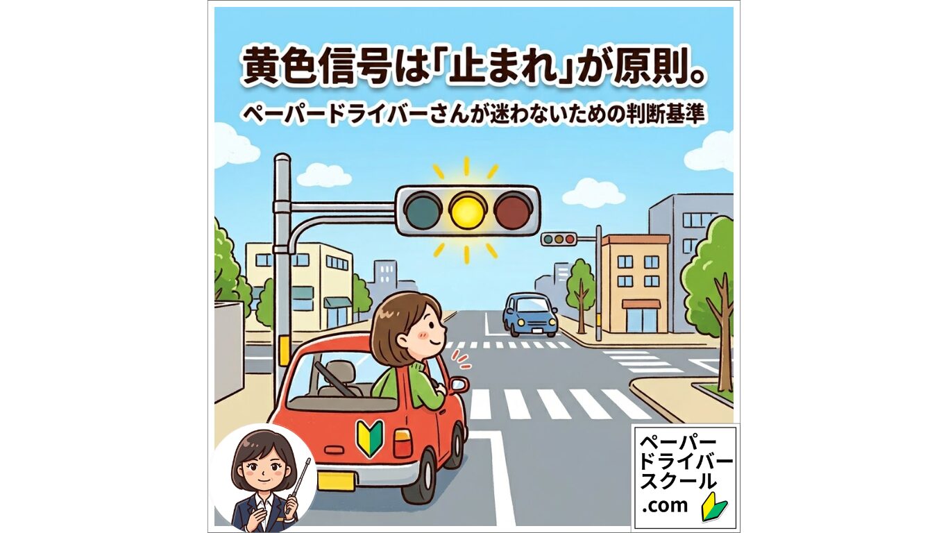 「黄色信号は『止まれ』が原則」というタイトル文字と、黄色信号が点灯する交差点で停車して安全確認をする、初心者マークをつけた車のイラスト