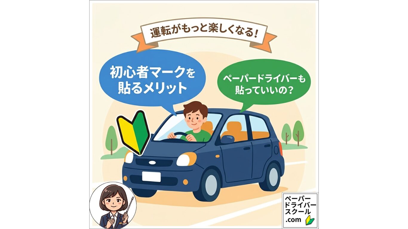 初心者マークをつけて運転するペーパードライバーのイラスト（初心者マークを貼るメリットと疑問を解決するアイキャッチ画像）
