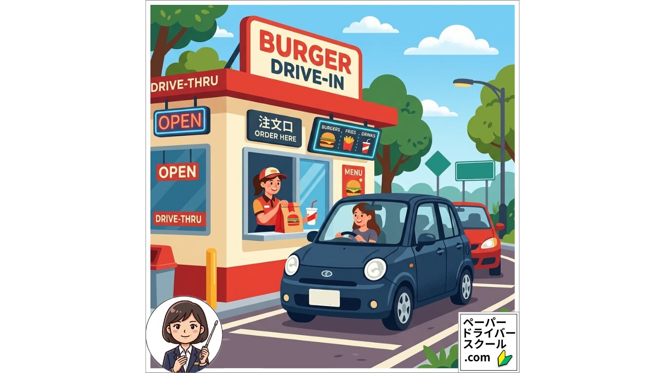 ハンバーガーショップのドライブスルーを落ち着いて利用するペーパードライバーの女性のイラスト