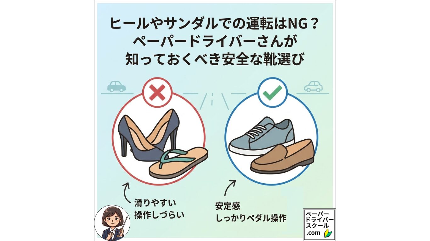 「ヒールやサンダルでの運転はNG？」と題し、運転に適さない滑りやすいヒール・サンダルと、安定してペダル操作ができるスニーカー等の安全な靴を比較した、ペーパードライバー向けの解説イラスト。