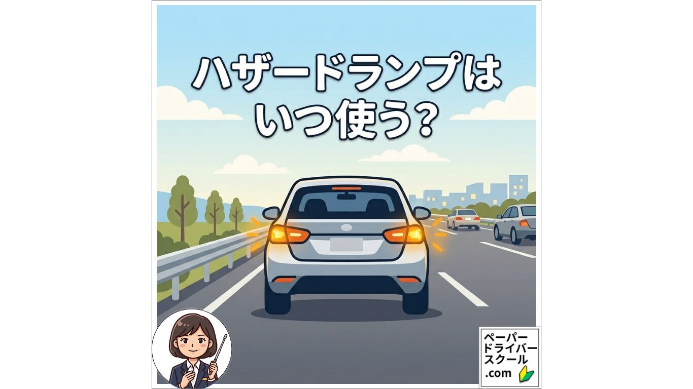 運転の疑問を解消する「ハザードランプはいつ使う？」のタイトル文字と、昼間の道路でハザードランプを点灯させている車のイラスト
