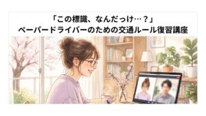 「この標識、なんだっけ…?」ペーパードライバーのための交通ルール復習講座(自宅のノートパソコンでインストラクターのオンライン教習を笑顔で受講する女性のイラスト)