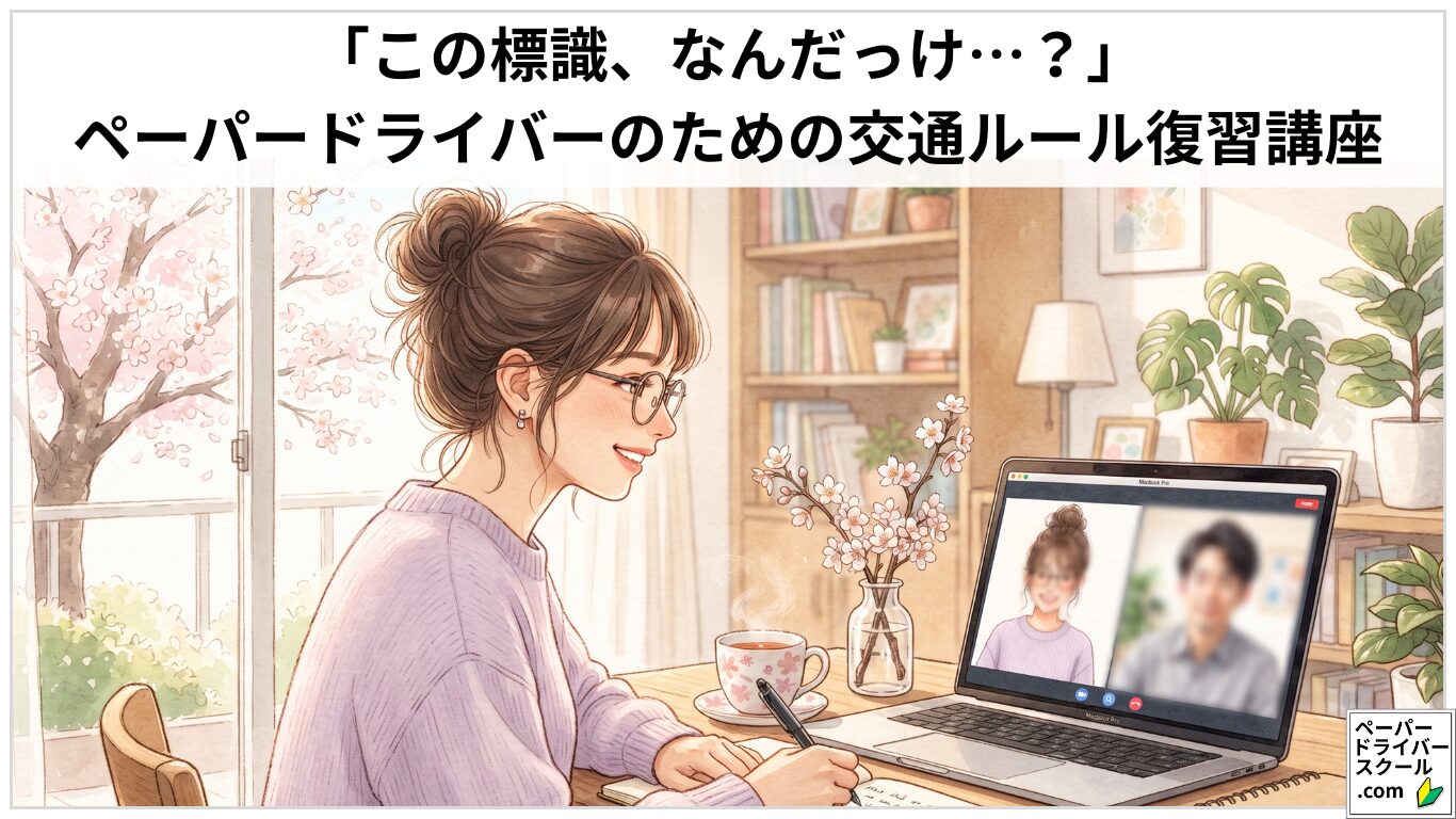 「この標識、なんだっけ…?」ペーパードライバーのための交通ルール復習講座(自宅のノートパソコンでインストラクターのオンライン教習を笑顔で受講する女性のイラスト)