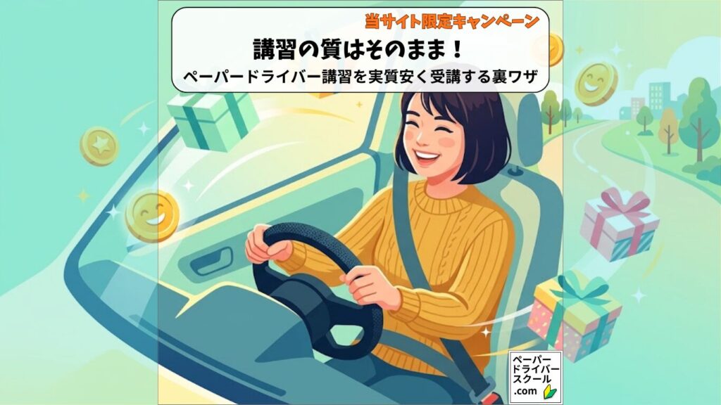 「講習の質はそのまま!ペーパードライバー講習を実質安く受講する裏ワザ 当サイト限定キャンペーン」の文字と、車内で笑顔でハンドルを握る女性イラスト(ペーパードライバースクール.com)