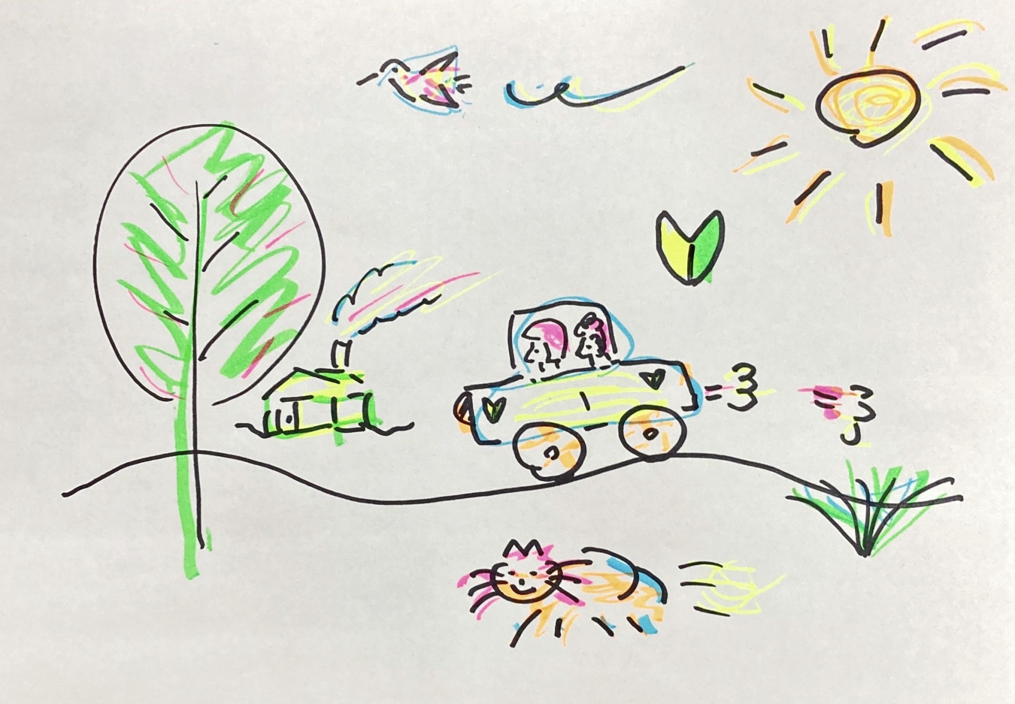 ペーパードライバー24:初心者マークをつけて楽しく運転する車と風景の手描きイラスト